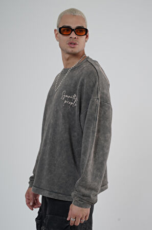 Bisiklet Yaka Ön ve Arka Basılı Yıkamalı Oversize Kalıp Unisex Sweatshirt
