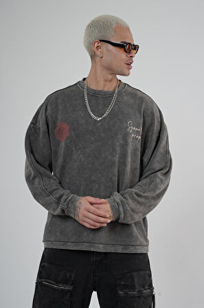 Bisiklet Yaka Ön ve Arka Basılı Yıkamalı Oversize Kalıp Unisex Sweatshirt