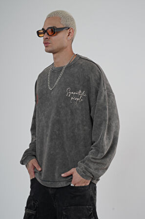 Bisiklet Yaka Ön ve Arka Basılı Yıkamalı Oversize Kalıp Unisex Sweatshirt