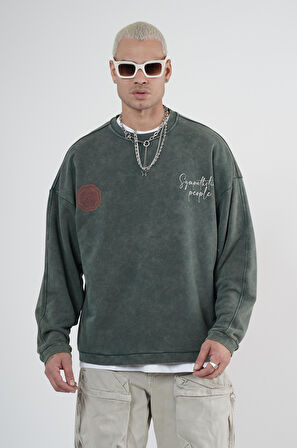 Bisiklet Yaka Ön ve Arka Basılı Yıkamalı Oversize Kalıp Unisex Sweatshirt