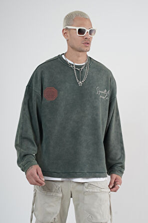 Bisiklet Yaka Ön ve Arka Basılı Yıkamalı Oversize Kalıp Unisex Sweatshirt