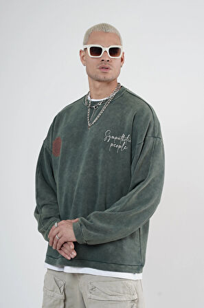 Bisiklet Yaka Ön ve Arka Basılı Yıkamalı Oversize Kalıp Unisex Sweatshirt
