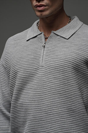 Polo Yaka Yarım Fermuarlı Oversize Kalıp Triko Kazak