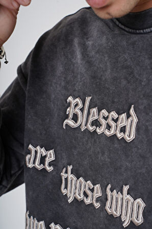 Bisiklet Yaka Yazı Nakışlı Yıkamalı Oversize Kalıp Unisex Sweatshirt