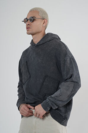 King Brich Yıkamalı Kapüşonlu Yama Detaylı Sweatshirt