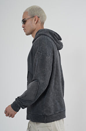 King Brich Yıkamalı Kapüşonlu Yama Detaylı Sweatshirt