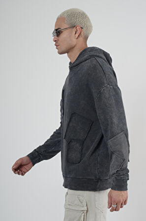 King Brich Yıkamalı Kapüşonlu Yama Detaylı Sweatshirt