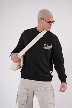 King Brich Bisiklet Yaka Leylek Baskılı Nakış Detaylı Sweatshirt