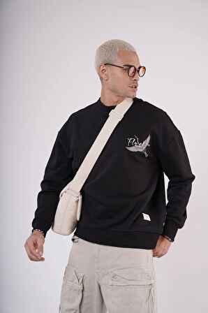 King Brich Bisiklet Yaka Leylek Baskılı Nakış Detaylı Sweatshirt