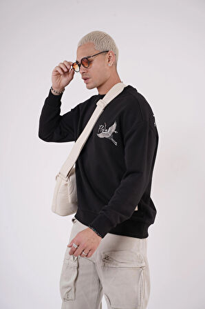 King Brich Bisiklet Yaka Leylek Baskılı Nakış Detaylı Sweatshirt