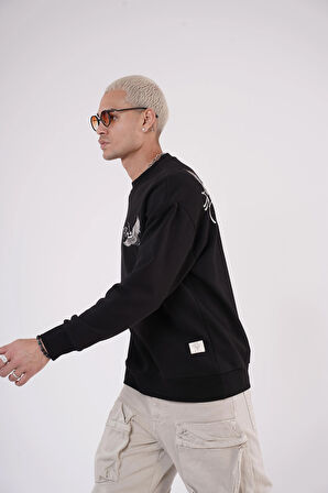 King Brich Bisiklet Yaka Leylek Baskılı Nakış Detaylı Sweatshirt