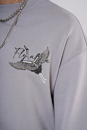 King Brich Bisiklet Yaka Leylek Baskılı Nakış Detaylı Sweatshirt