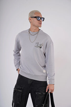 King Brich Bisiklet Yaka Leylek Baskılı Nakış Detaylı Sweatshirt