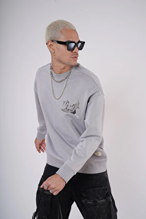 King Brich Bisiklet Yaka Leylek Baskılı Nakış Detaylı Sweatshirt