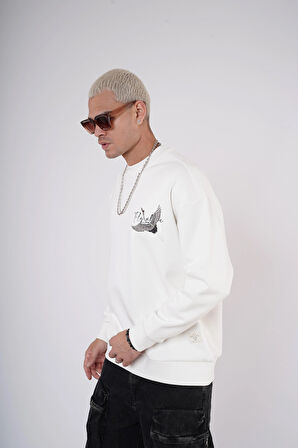 King Brich Bisiklet Yaka Leylek Baskılı Nakış Detaylı Sweatshirt