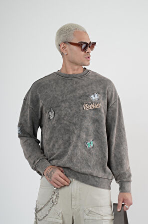 Bisiklet Yaka Yıkamalı Aplikeli Oversize Kalıp Sweatshirt