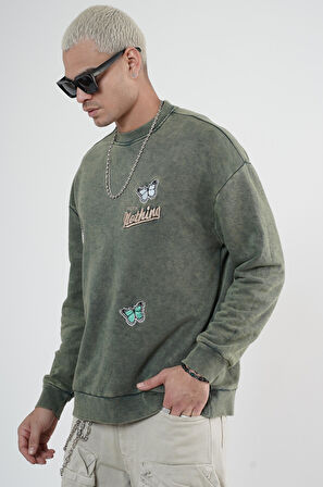 Bisiklet Yaka Yıkamalı Aplikeli Oversize Kalıp Sweatshirt