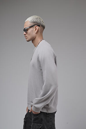 Ribanalı Yaka Reglan Kol Baskılı Oversize Kalıp Sweat