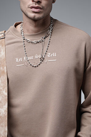 Oversize Kalıp Baskılı Yaka Kol Ribanalı Sweat