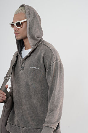 Kapüşonlu Çıt Çıt Detaylı Yıkamalı Oversiza Kalıp Sweatshirt