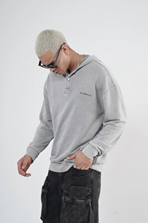 Kapüşonlu Çıt Çıt Detaylı Yıkamalı Oversiza Kalıp Sweatshirt