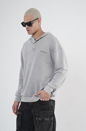 Kapüşonlu Çıt Çıt Detaylı Yıkamalı Oversiza Kalıp Sweatshirt