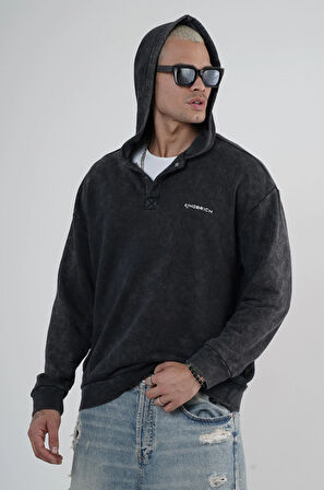 Kapüşonlu Çıt Çıt Detaylı Yıkamalı Oversiza Kalıp Sweatshirt
