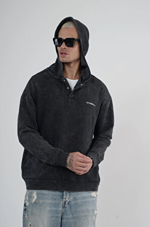 Kapüşonlu Çıt Çıt Detaylı Yıkamalı Oversiza Kalıp Sweatshirt