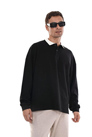 Kingbrich Polo Yaka Nakış Detaylı Oversize Kalıp Erkek Sweatshirt
