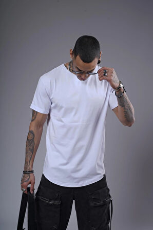 Pis Yaka Kolu Katlamalı Regular Kalıp Düz Basic Erkek Tişört