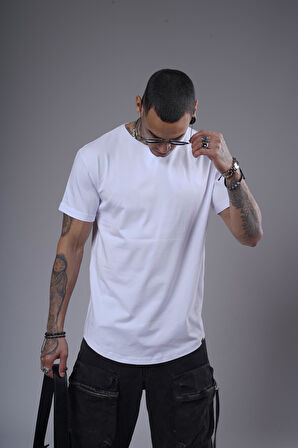 Pis Yaka Kolu Katlamalı Regular Kalıp Düz Basic Erkek Tişört