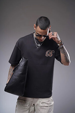 Bisiklet Yaka Sırtı Etnik Desen Baskılı Oversize Kalıp Unisex Tişört