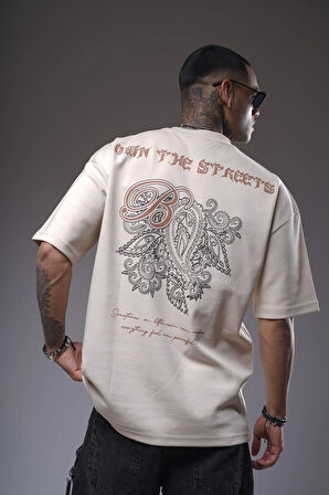 Bisiklet Yaka Sırtı Etnik Desen Baskılı Oversize Kalıp Unisex Tişört