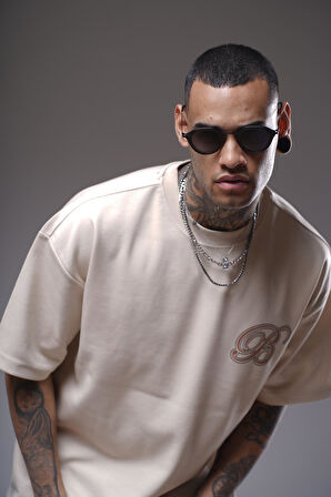 Bisiklet Yaka Sırtı Etnik Desen Baskılı Oversize Kalıp Unisex Tişört