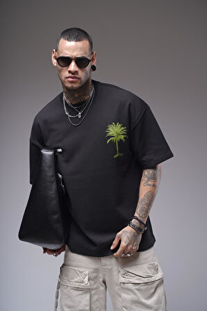 Bisiklet Yaka Palmiye Ağaç Baskılı Unisex Oversize Kalıp Tişört