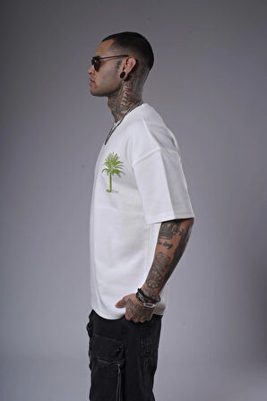 Bisiklet Yaka Palmiye Ağaç Baskılı Unisex Oversize Kalıp Tişört