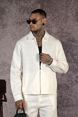 Gömlek Yaka Fermuarlı Keten Alt Üst Takım