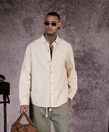 Regular Kalıp Düz Keten Erkek Gömlek