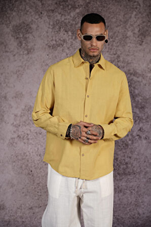 Regular Kalıp Düz Keten Erkek Gömlek