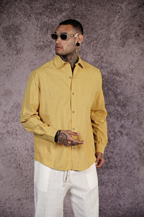 Regular Kalıp Düz Keten Erkek Gömlek