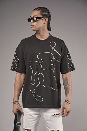 Bisiklet Yaka Nakış Detaylı Oversize Kalıp Unisex Tişört