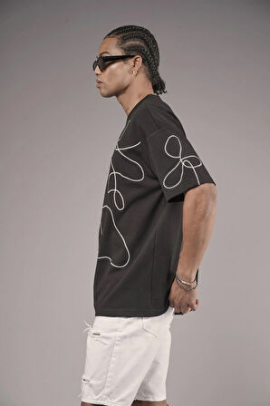 Bisiklet Yaka Nakış Detaylı Oversize Kalıp Unisex Tişört