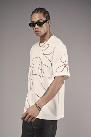 Bisiklet Yaka Nakış Detaylı Oversize Kalıp Unisex Tişört