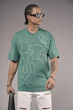 Bisiklet Yaka Nakış Detaylı Oversize Kalıp Unisex Tişört