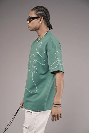 Bisiklet Yaka Nakış Detaylı Oversize Kalıp Unisex Tişört