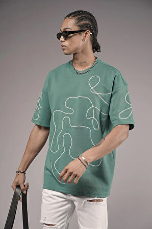 Bisiklet Yaka Nakış Detaylı Oversize Kalıp Unisex Tişört