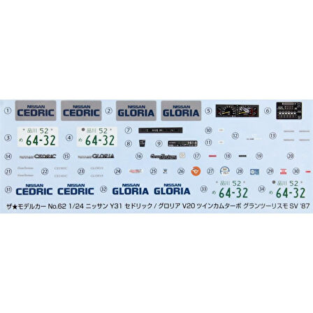 Aoshima 05483 1/24 Ölçek, Nissan Y31 Cedric/Gloria V20Twincam Tur, Plastik Model kiti