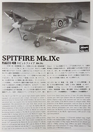 Hasegawa JT79 9079 1/48 Ölçek, Spitfire Mk.IXc, Savaş Uçağı Plastik Model Kiti