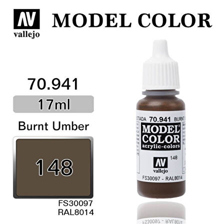 Vallejo 70941 18 ml. (148) Burnt Umber-Matt, Model Color Serisi Model Boyası