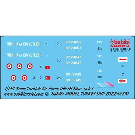 Babibi DBT-01370 1/144 Ölçek, UH-1H Irak Türk Hava Kuvvetleri Mavi Kamuflajı, Dekal Çıkartma